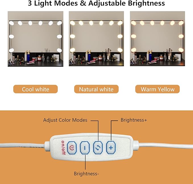 Makeup Vanity Desk with Sliding Mirror and Lights, Vanity Desk with 10 LED Bulbs, 3 Adjustable Light Modes, 5 Drawers & Storage Shelves, Makeup Vanity Set for Bedroom, Black