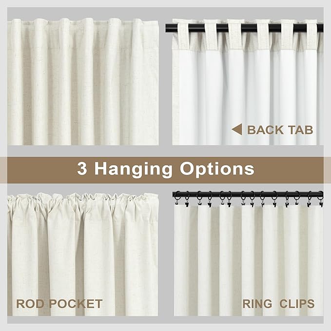 Total Blackout Linen Pleated Curtains with White Backing Back Tab Viral Weather Thermal Insulated Custom Length Curtain for Dining Room Kids Bedroom Noise Cancelling Cream Drape 102 Inch Long 2 Panel