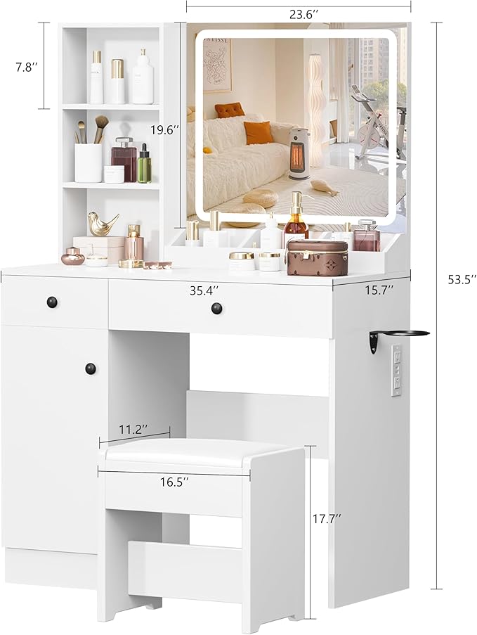 KAMABOKO Modern Vanity Desk with HD Mirror and Adjustable Lights, Makeup Table with Power Outlet, 2 Drawers & Large Cabinet, White Dressing with Stool for Girls Bedroom