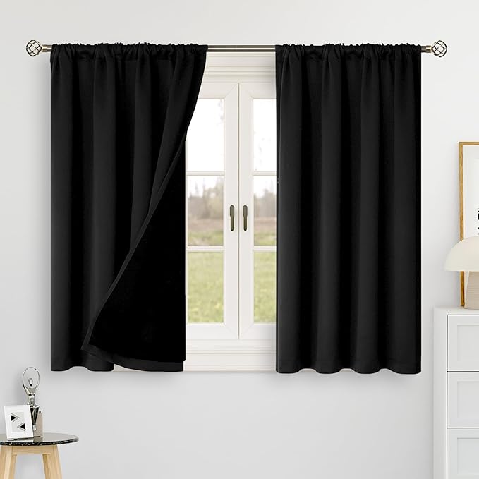 BGment Halloween Black 100% Blackout 48 Inch Curtains for Small Window, Rod Pocket and Back Tab Double Layer Black Out Thermal Insulated Room Darkening Curtain for Kitchen, 2 Panels, Each 42 x 48 Inch