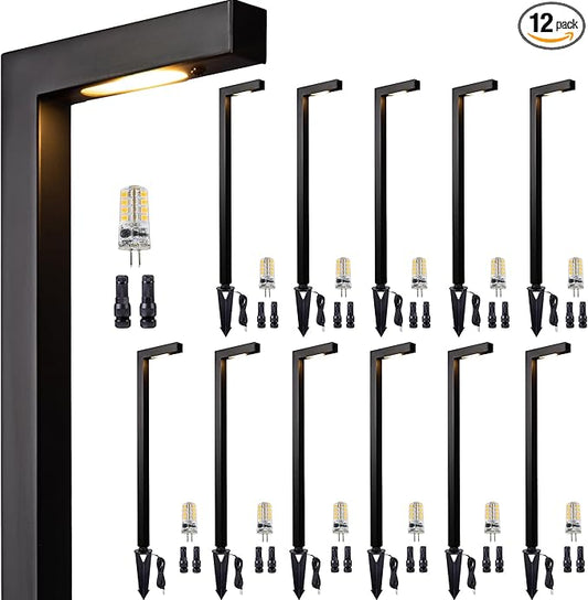 Brass Low Voltage Landscape Path Lights, Black Wired Pathway Lights, Outside IP65 LED Bronze L Shape Driveway Lights for Backyard Garden House with 3W 270LM 5000K G4 Bulb 12 Pack