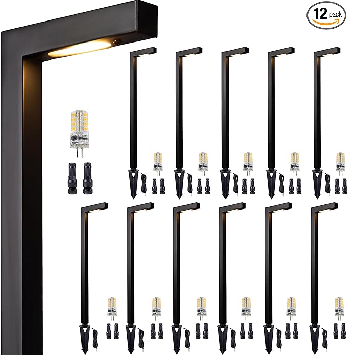 Waterproof Low Voltage Walkway Lights, Black Brass Outdoor Pathway Light, IP65 LED Bronze L Shape Sideway Lamp for Driveway Backyard Patio with 3W 270LM 4000K G4 Bulb 12 Pack