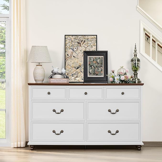 Farmhouse 54" 7 Drawers Dresser for Bedroom, White Wood Chest of Drawers w/ 4 Wooden Legs, Vintage Closet Storage Dressers Organizer for Hallway, Rustic Large TV Stand for Living Room, Foyer