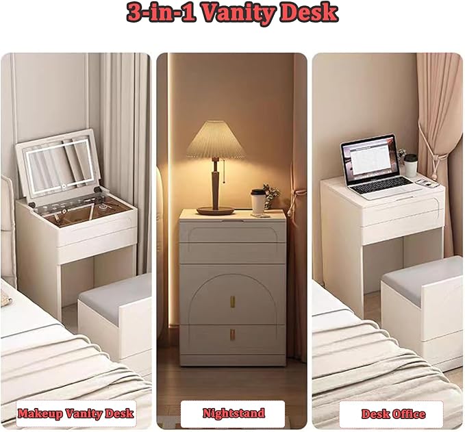 Compact Vanity Desk with Mirror, 3 in 1, Corner, Small Makeup with Stool, Flip Over Vanity Desk with Four Storage Areas and LED Mirror Light (White, 19.7in)