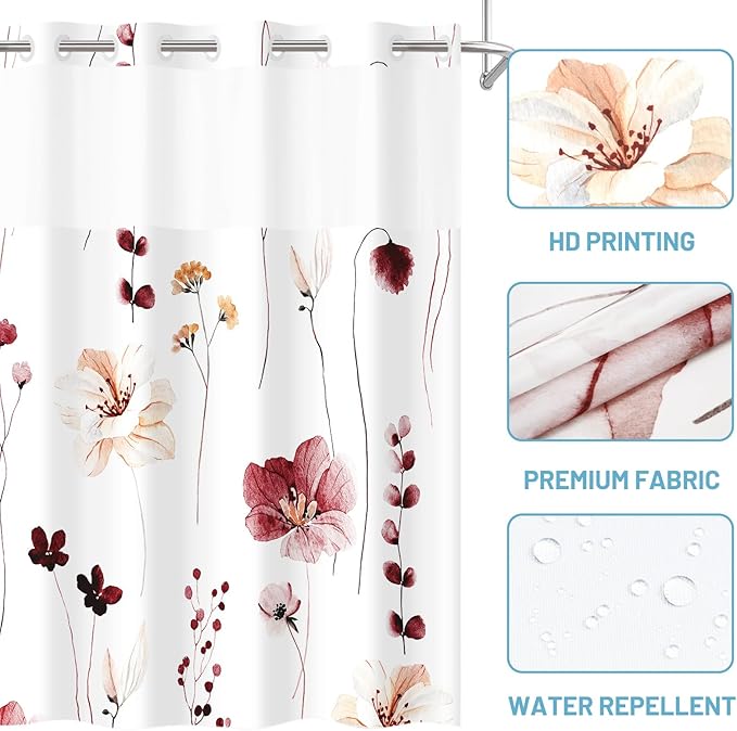 No Hook Shower Curtain with Snap in Liner - Floral Shower Curtain - Fabric Waterproof Inner Liner, Plants Watercolor Burgundy Flower Modern Shower Curtains - Machine Washable, 71 x 74