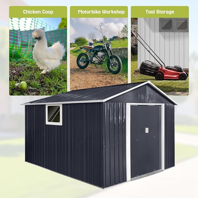 9 x 10.6 Ft Outdoor Storage Shed, Heavy-Duty Metal Shed with Windows & Secure Lockable Doors, Ideal Storage Shed for Outdoor, Patio, Garden, and Backyard, Black