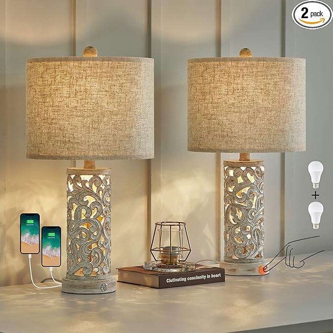 OYEARS 3-Way Dimmable 22'' USB A+C Touch Control Table Lamp Set of 2 with Nightlight for Living Room Bedroom Farmhouse Bedside Nightstand Lamps (Bulb Included)