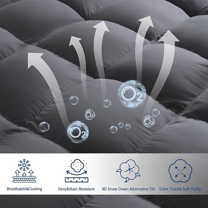 ELEMUSE Cal King Grey Mattress Topper for Back Pain, Extra Thick Mattress Pad Cover, Plush Soft Pillowtop with Elastic Deep Pocket, Overfilled Down Alternative Filling