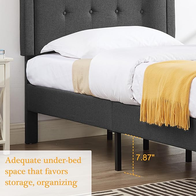 VECELO Twin Size Platform Bed Frame with Fabric Upholstered Headboard and Wooden Slats Support, No Box Spring Needed/Easy Assembly,Grey