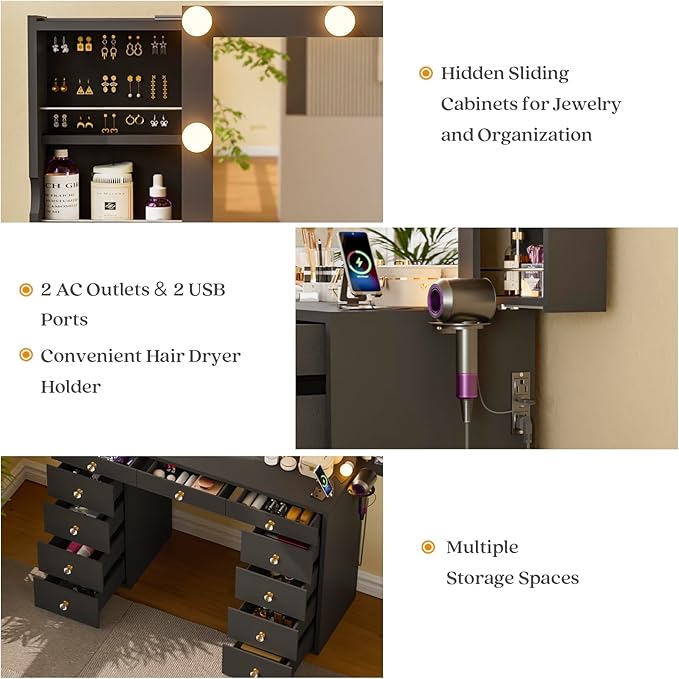 Likein Vanity Desk with Mirror and Lights, Black Vanity with Hidden Jewelry Storage Cabinet, Charging Station, 11 Drawers Makeup Vanity with Lights, Crystal Knobs, 3 Color Lighting Modes for Girls