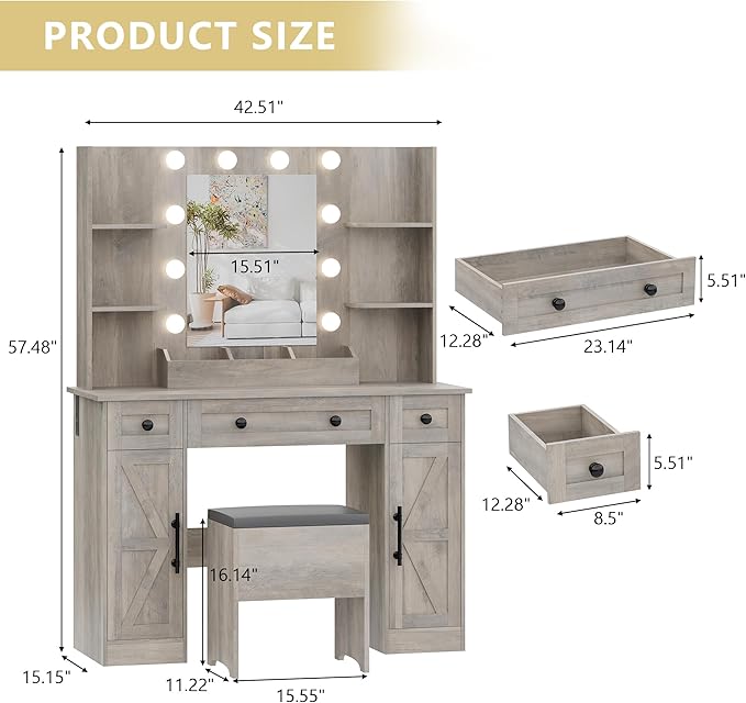 Vanity Makeup Desk with Mirror and Lights, Farmhouse Vanity Table Set with Storage Drawers, Charging Station & Chair, 43" Large Rustic Dressing Table, 3 Lighting Modes for Women Girls Bedroom, Grey