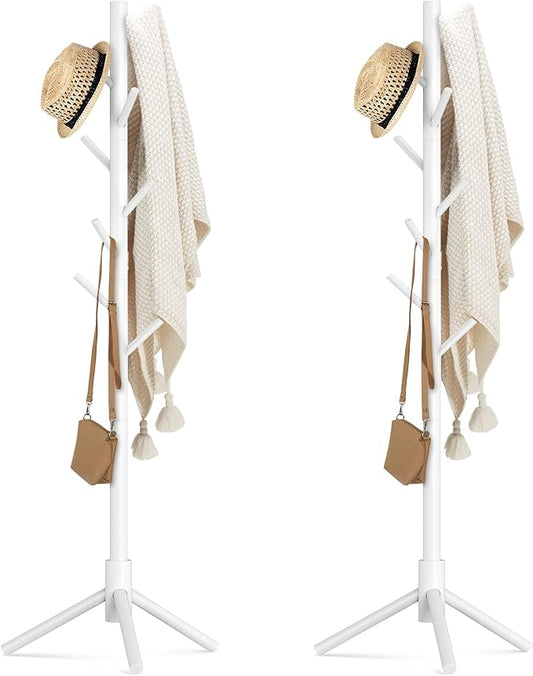 Haddockway Wooden Coat Rack Stand with 8 Hooks New Zealand Pine 3 Adjustable Coat Standing Tree Easy Assembly for Coats, Hats, Scarves and Handbags for Entryway, Hallway, Bedroom, Office,2 PCS