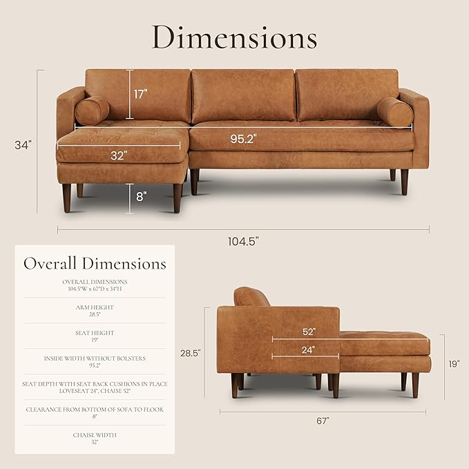 Poly & Bark Napa Leather Couch - Left Facing Sectional Sofa with 2 Bolsters - Full-Grain Leather Sofa for Living Room with Feather-Down Topper - Corner Couch - Vintage Italian Leather in Cognac Tan