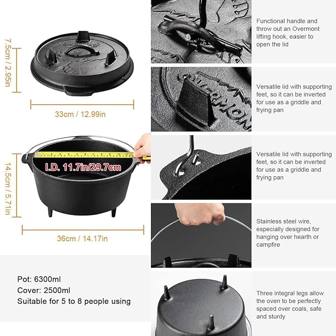 Overmont Camp Dutch Oven Pre Seasoned Cast Iron Lid Also a Skillet Casserole Pot with Lid Lifter for Camping Cooking BBQ Baking 9QT(Pot+Lid)