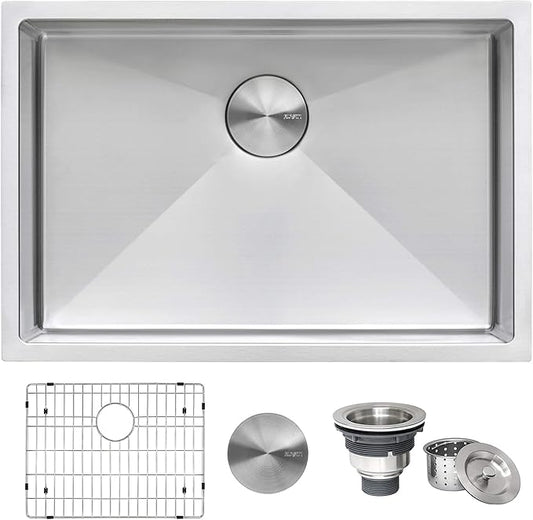 Ruvati 27-inch Rounded Corner Undermount Kitchen Sinks Single Bowl – Durable 16 Gauge Stainless Steel Kitchen Sink with Brushed Finish hides scratches, Easy-to-Clean Undermount Sink - RVH7127