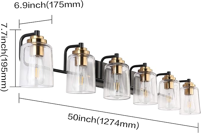 SOLFART Vintage Wall Vanity Lights for Bathroom Vanity Light 40 inch Black Globe Light Metal with Clear Glass Brass Fixtures Wall Mount Lighting Sconce 6 Light