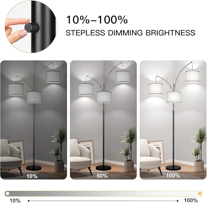 Dimmable Floor Lamp, 3 Lights Arc Floor Lamps for Living Room, Modern Tall Standing Tree Lamp with Gray Linen Shade & Heavy Base, Large Floor Lamp for Bedroom Office, 3x1000 LM LED Bulbs Included