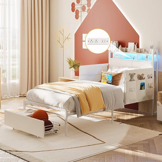 Maupvit Twin Bed Frame with Storage Headboard and Drawer,Upholstered Platform Bed Frame with LED Lights & Charging Station,Twin Size Bed with Guardrail,No Box Spring Needed,Beige