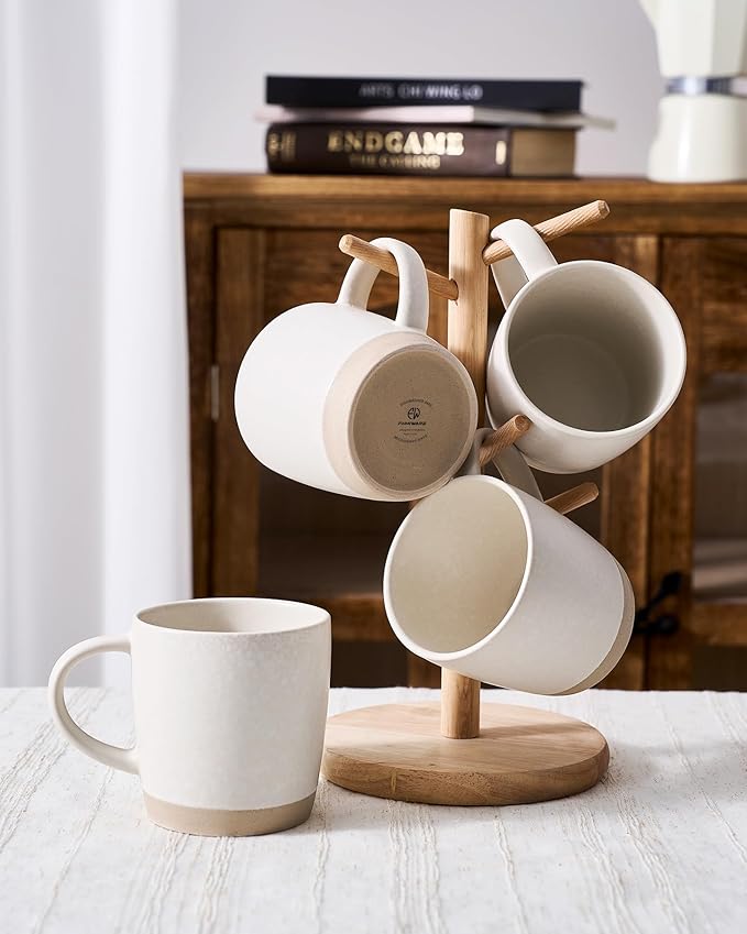 famiware Coffee Mugs Set of 4, Milkyway 13 oz Mug Set, Ceramic Cup Set with Handle for Coffee, Tea, Cocoa, Milk, Matte White + Matte Dark Charcoal