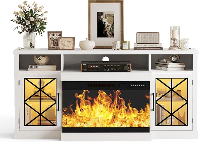 Ludatido 65 Inch FireplaceTV Stand with 3-Sided Glass Insert, Storage Cabinets & Drawers, Fits TVs up to 75", Remote & Touch Control, White Entertainment Center with USB&AC Power Interface, White