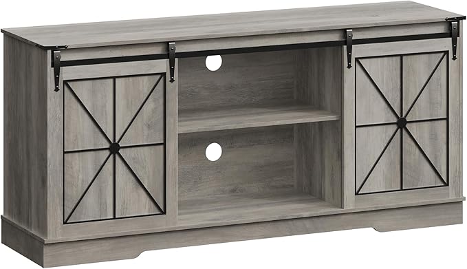 Farmhouse TV Stand for 55 60 65 Inch TV, Mid Century Modern TV Cabinet with Storage and Sliding Barn Doors, Easy Assembly, Entertainment Center Console Table for Bedroom Living Room -Wood Gray