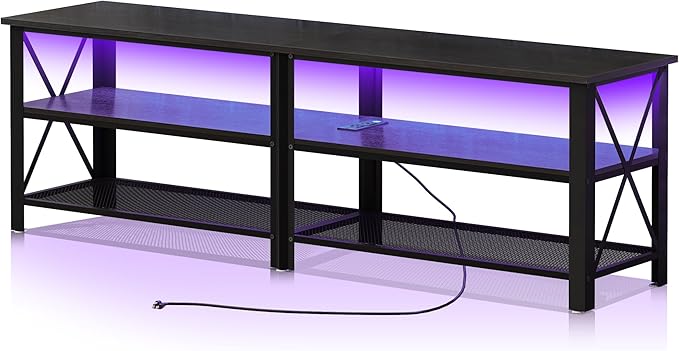 Clikuutory Modern Black 63 inch Metal TV Stand with LED Lights and Power Outlets for 40 50 55 60 65 70 Inch TVs, 3 Tier Television Stands with Entertainment Center and Storage for Living Room, Bedroom