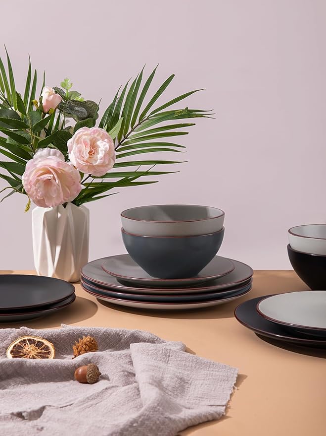 Famiware Venus Plates and Bowls Sets, 12 Pieces Stoneware Speckled Dinnerware Sets, Dishes Set for 4, Microwave and Dishwasher Safe, Matte Multi-color