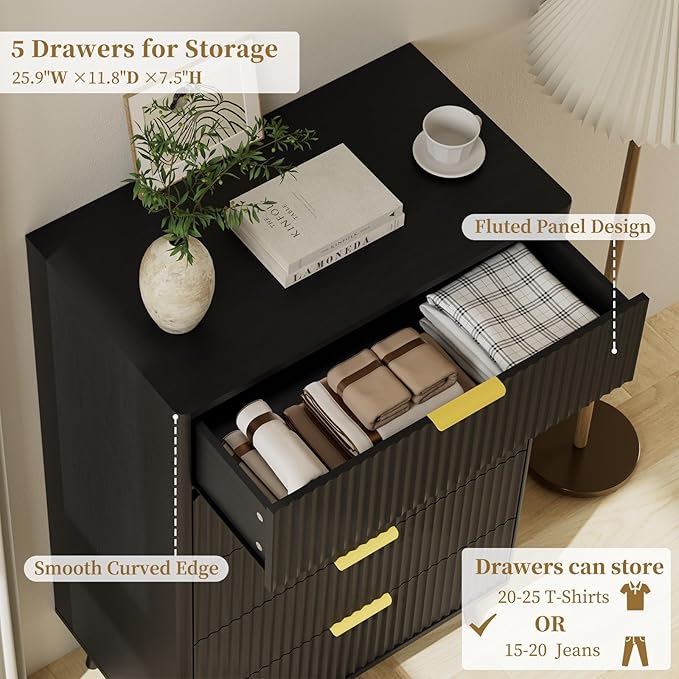 LYNSOM Fluted 5 Drawers Dresser, 45" Tall Modern Chest of Drawers with Curved Profile Design and Metal Handle, Wood Drawer Organizer for Bedroom, Living Room, Hallway, Entryway, Black