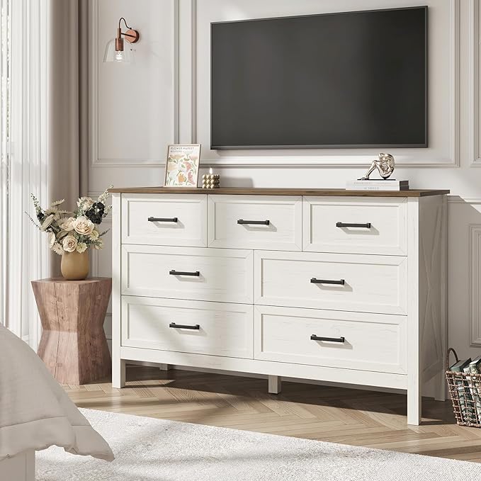 Farmhouse 7 Drawers Dresser for Bedroom, Modern Dresser with Metal Handle, Natural Texture, Wood Rustic Chest of Drawers for Bedroom,Living Room,Hallway and Entryway, Antique White