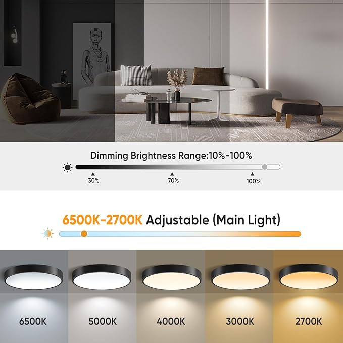 15 Inch Flush Mount Ceiling Light with Remote Control & Night Light, 5CCT Dimmable Ceiling Light Fixture, 35W 3500LM 2700K-6500K Adjustable LED Ceiling Lights for Bedroom Kitchen, Black