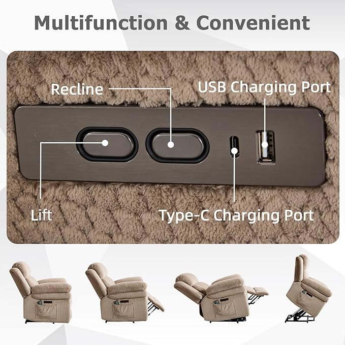 CANMOV 46" Wide Oversize Power Lift Recliner Chair, Extra Large Electric Lift Recliners for Elderly Big, Stand Up Recliner Chair with Massage and Heat, USB and Type-C Ports, Light Brown