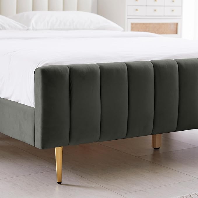 Livinia King Size Elton Velvet Platform Bed, Upholstered Bed Frame with Vertical Channel Tufted Headboard Footboard, Strong Wood Slats, No Box Spring Needed, Gray (King)