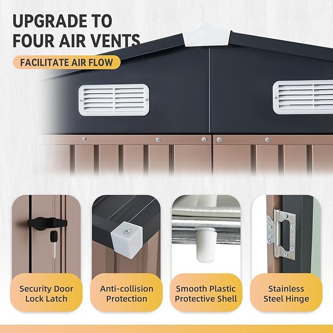 Aoxun 10x8 FT Galvanized Steel Outdoor Storage Shed - Metal Garden Shed with Double Doors, Thick Moisture-Proof Interlocking Floor, Ventilation System - Ideal for Generator & Tool Storage (Brown)