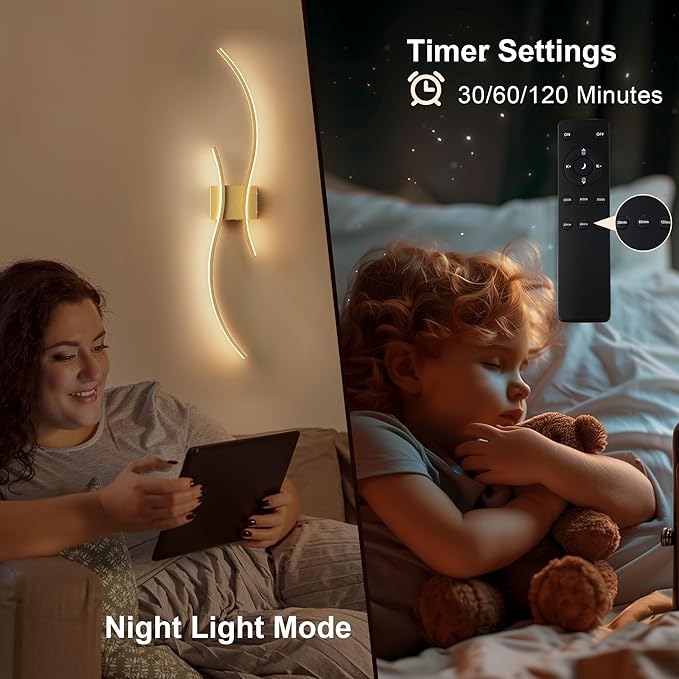 Battery Operated Wall Sconces Set of Two with Remote Control, Stepless Colors 3000K-6000K & Dimming, LED Gold Wireless Wall Light for Living Room, Hallway, Bedroom, 39.3 Inch (2 Pack)