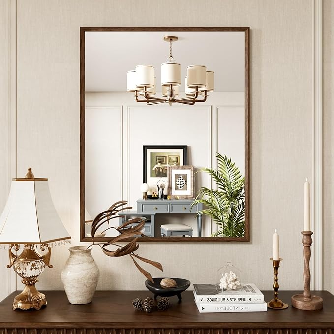 Rectangle Walnut Bathroom Mirror 28x36 Inch, Anti-Rust 4MM Tempered Glass, Modern Vanity Mirror for Bathroom, Horizontal or Vertical Wall Mount