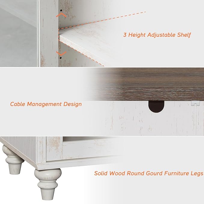 WAMPAT Farmhouse TV Stand for 100 Inch TV, 3-in-1 TV Console Table for 75/80/85/90 Inch TV, Entertainment Center with Glass & Wood Door, Kitchen Sideboard Buffet Cabinet for Living Room, Rustic White