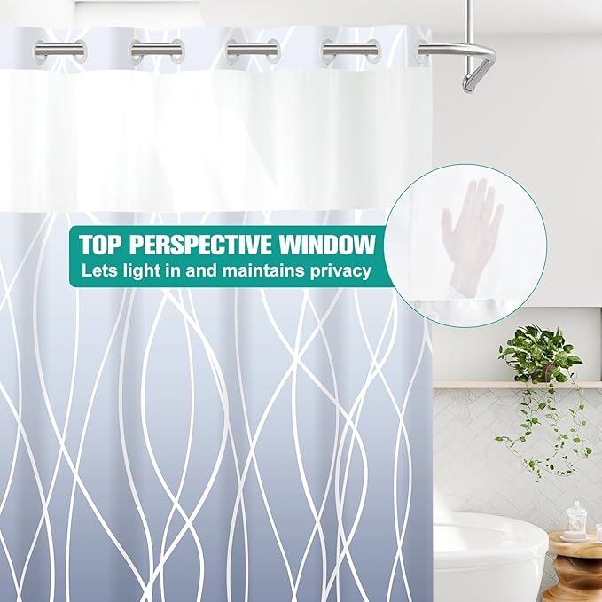 No Hook Ombre Blue Striped Long Shower Curtain with Snap in Fabric Liner Set - Hotel Shower Curtain and Liner Set with See Through Mesh Top Window,Machine Washable, 71x86 INCH
