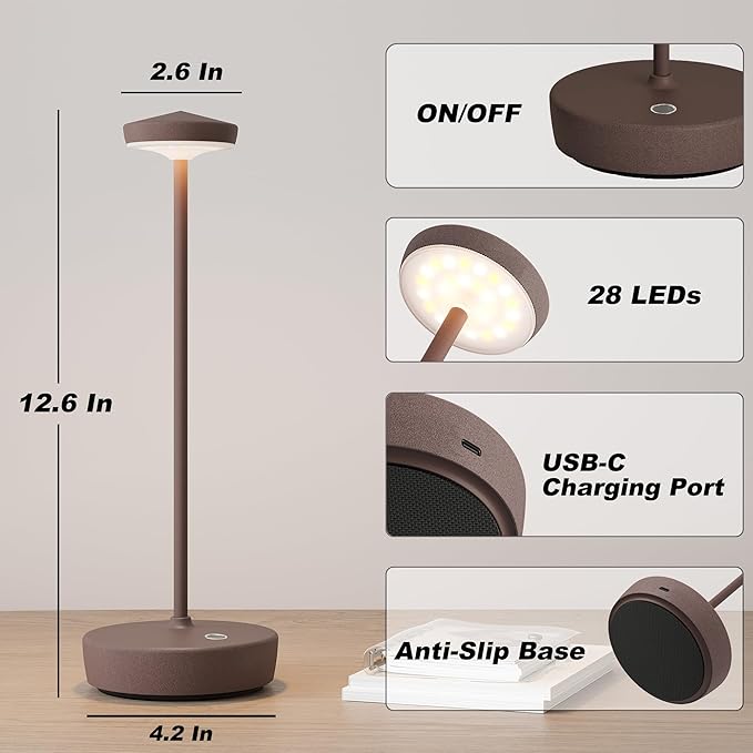 Cordless Table Lamp Rechargeable 2Pack - LED Battery Table Light with 3 Color Temperatures, Stepless Dimming, Waterproof Aluminum for Indoor Outdoor, Patio, Restaurant, Dinner (Rust)