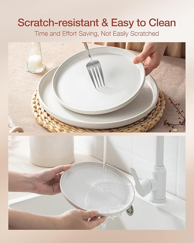 Famiware Milkyway Plates and Bowls Sets, 12 Pieces Dinnerware Sets, Reactive Glaze Dish Set, Stoneware Dishes Set for 4, Matte White & Light Blue