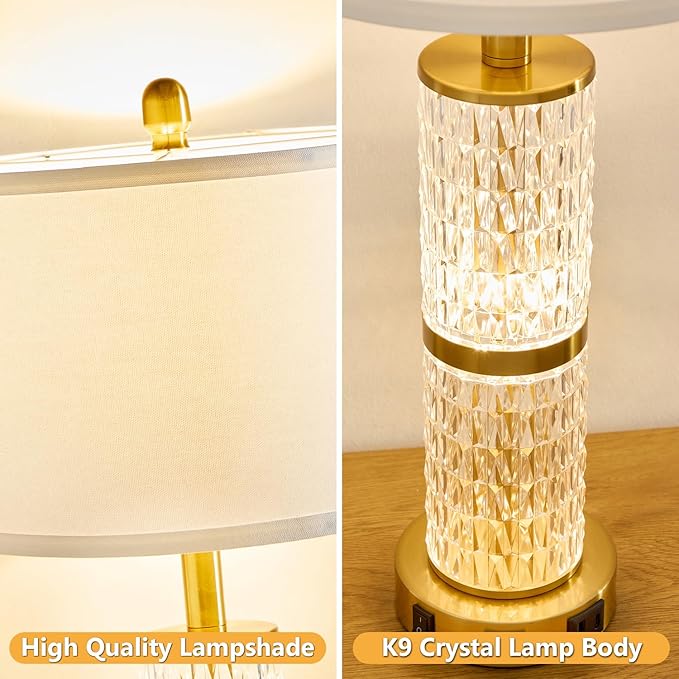 Crystal Table Lamp Set of 2, Modern Touch Lamp with Nightlight, 3-Way Dimmable Bedroom Lamp with 2 USB Ports & AC Outlets for Living Room Bedside Nightstand Lamp
