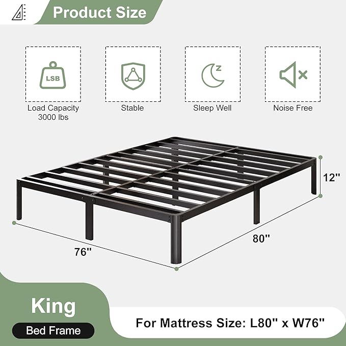 12 Inch King Bed Frame with Rounded Corner Legs, 2000 LBS Heavy Duty Metal King Size Platform Bed Frame No Box Spring Needed, Noise Free, Easy Assembly, Black