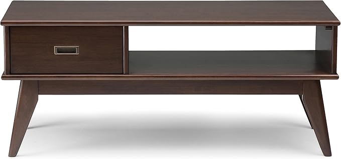 SIMPLIHOME Draper SOLID HARDWOOD 48 inch Wide Rectangle Mid Century Modern Coffee Table in Medium Auburn Brown for the Living Room and Family Room