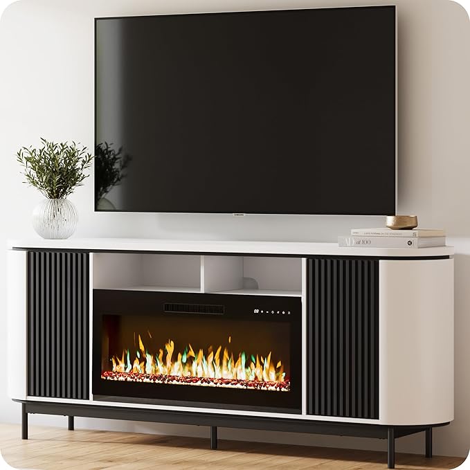 BELLEZE 76" Curved Profile TV Stand with 36" Electric Fireplace, Large Entertainment Center with Storage for TVs up to 80", Modern Media Console Fluted TV Cabinet for Living Room, White