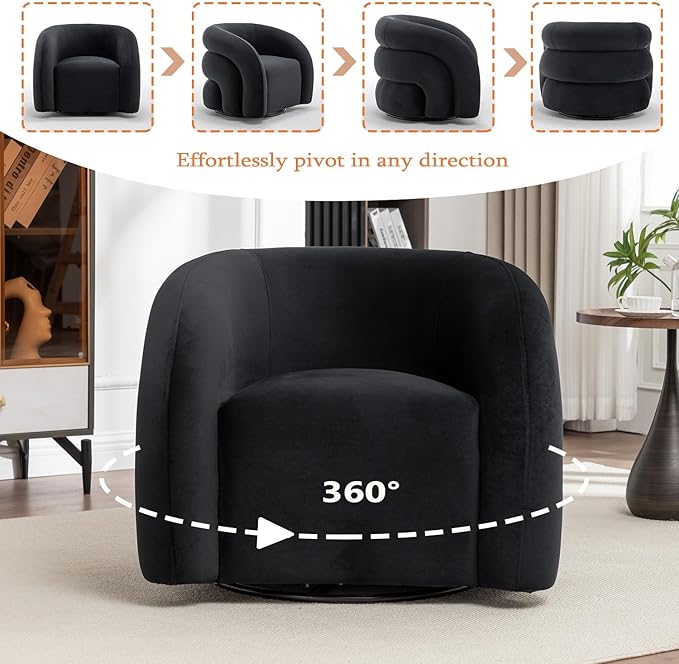 34.6" Velvet Swivel Accent Chair, Modern Round Armchair for Living Room,Upholstered Comfy Sofa Barrel Chairs for Bedroom Reading Apartment Lounge,Fully Assembled(Black)