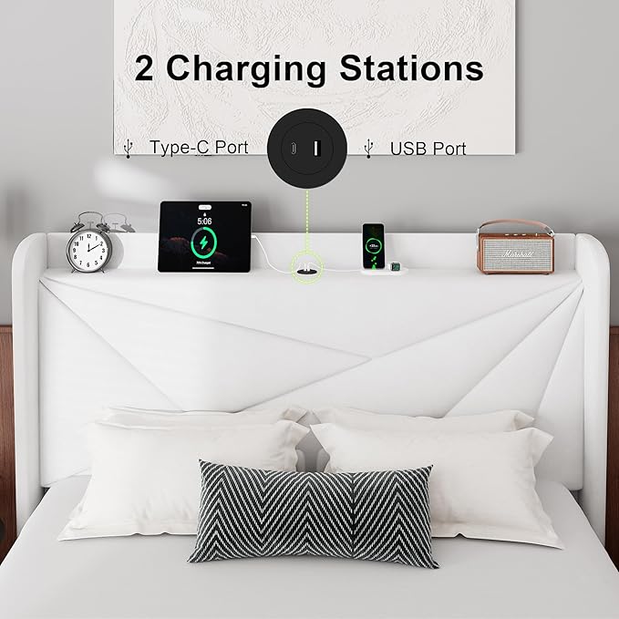 Feonase Queen Size Bed Frame with Charging Station, Velvet Upholstered Platform Bed Frame with Wingback Storage Headboard, Solid Wood Slats Support, No Box Spring Needed, Noise Free, White