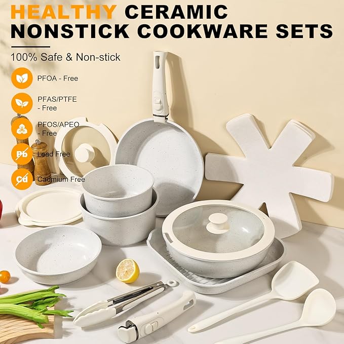 20 Pcs Ceramic Cookware Set Non Stick Frying Pots and Pans Set Non Toixc Cookware-PFAS/PFOA/PTFE Free, with Removable Handle for RV Kitchen, Induction & Dishwasher Safe Cream White