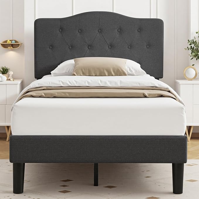 VECELO Twin Size Platform Bed Frame with Fabric Upholstered Headboard and Wooden Slats Support, No Box Spring Needed/Easy Assembly,Dark Grey
