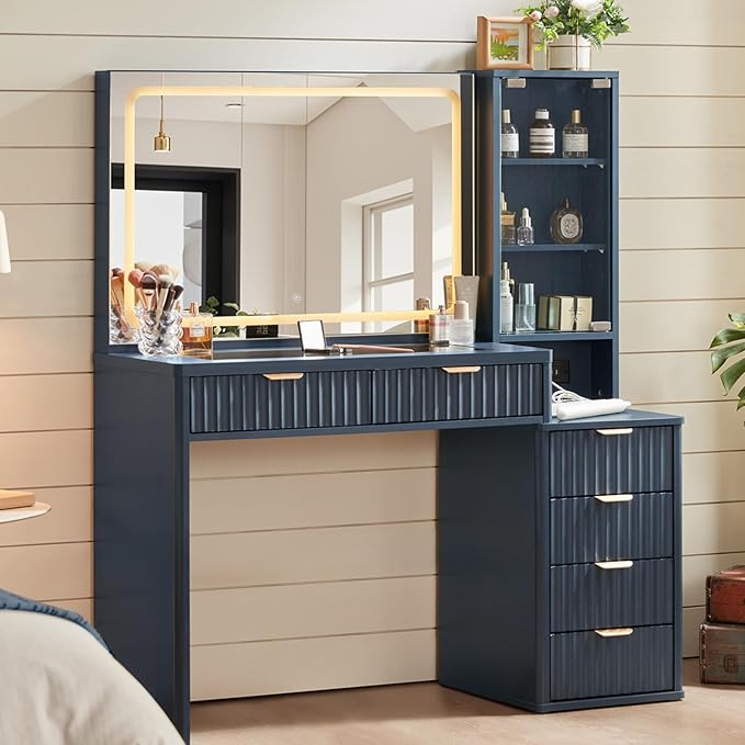 LEYAOYAO Vanity Desk with Mirror and Lights, 43.5'' Fluted Makeup Vanity with 6 Drawers and Adjustable Shelves, Navy Blue Make Up Vanity Wood Dressing Table with Glass Top and Power Outlet for Bedroom