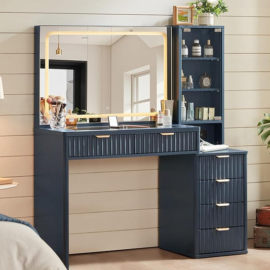 LEYAOYAO Vanity Desk with Mirror and Lights, 43.5'' Fluted Makeup Vanity with 6 Drawers and Adjustable Shelves, Navy Blue Make Up Vanity Wood Dressing Table with Glass Top and Power Outlet for Bedroom