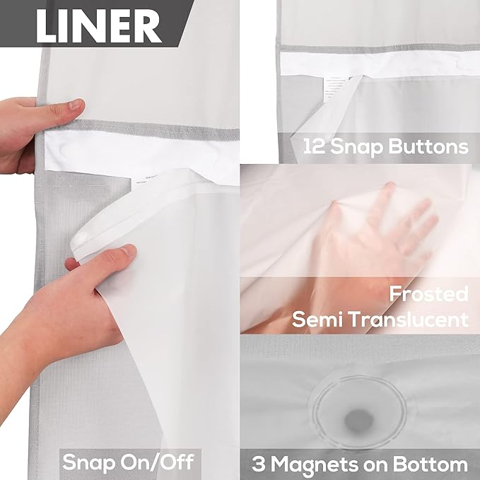 Long No Hook Slub Textured Shower Curtain with Snap-in PEVA Liner Set - 71" x 77"(75"), Hotel Style with See Through Top Window, Grey Fabric Curtain & Waterproof Liner, Gray, 71x77